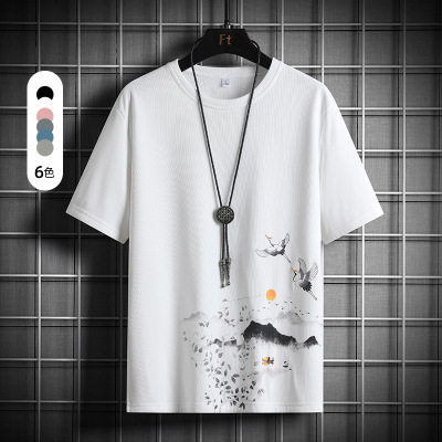 国潮仙鹤短袖打底衫夏季新款百搭宽松休闲男上衣上班日常圆领T恤
