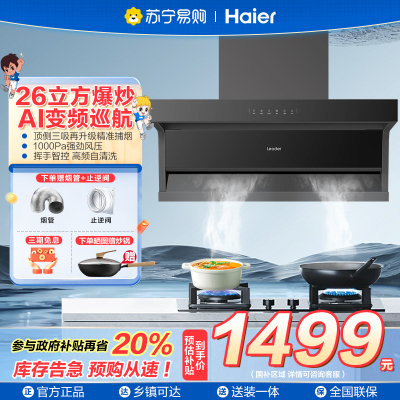 ￼￼海尔(Leader)抽油烟机顶侧三吸26m³大吸力1000pa强劲风压AI变频巡航家用吸油烟机IQF9762