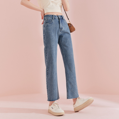 [3件8.5折110.4元,叠加优惠券]唐狮春秋季新款牛仔裤女宽松直筒裤高腰显瘦毛边潮流百搭裤子女