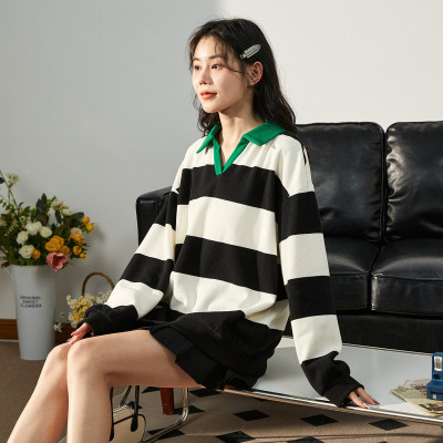 [3件8.5折93.4元,叠加优惠券]唐狮秋冬季卫衣女韩版宽松polo领宽条套头上衣百搭潮