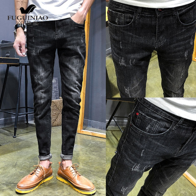 富贵鸟（FUGUINIAO）黑色牛仔裤男弹力修身休闲长裤显瘦小脚裤春秋新款裤子男韩版潮流