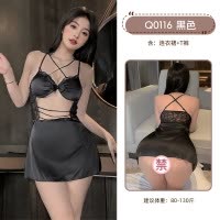 九里晴川轻薄网纱性感吊带睡衣女蕾丝拼接纯欲性感魅力睡裙情趣 九里晴川Q0116[黑色蕾丝连衣裙] 均码