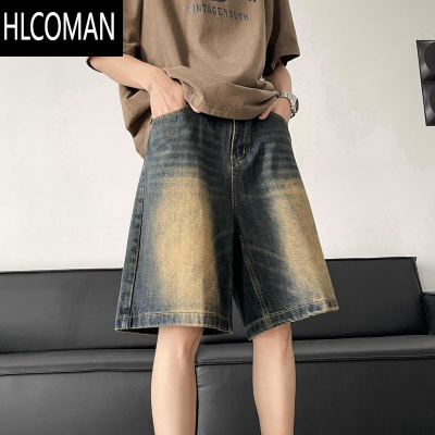 HLCOMAN小众做旧水洗高级牛仔短裤男夏季美式潮牌显瘦直筒五分裤复古中裤
