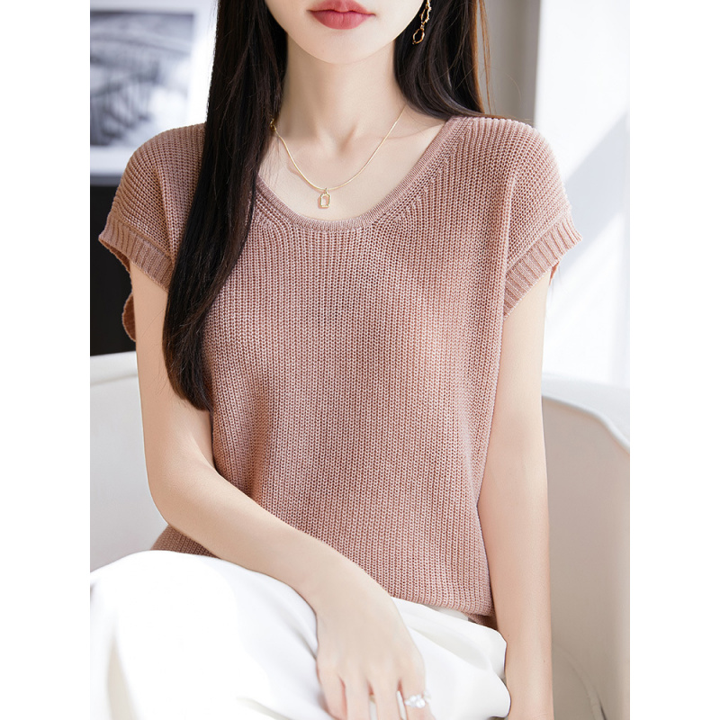 夏日亚麻针织背心2026新款低圆领韩系薄款镂空针织短袖女凉快