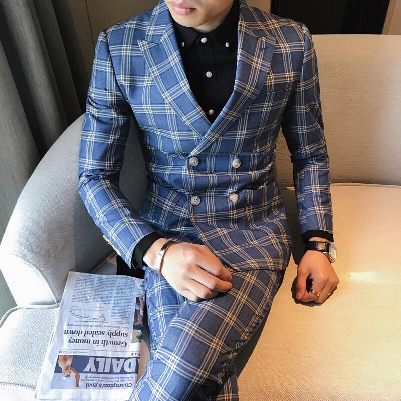男士双排扣西装两件套格子西服套装时尚发型师夜店西服新郎结婚潮