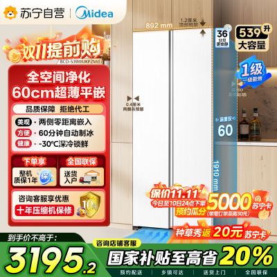 美的(Midea)539升对开双开门大容量电冰箱超薄嵌入式一级能效BCD-539WUKPZM(E)流苏白国家补贴20%