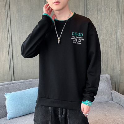 卫衣男春秋季新款韩版潮流假两件长袖卫衣字母绣花落肩款宽松上衣