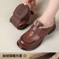 加绒真皮小皮鞋女秋冬新款圆头厚底鞋复古套脚软底四季乐福鞋