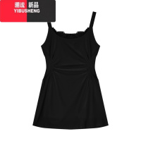 YIBUSHENG法式蕾丝拼接吊带连衣裙女季修身褶皱裙子温柔白色收腰a字短裙