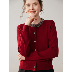 秋冬新款圆领亮钻山羊绒针织开衫女士外套时尚气质上衣