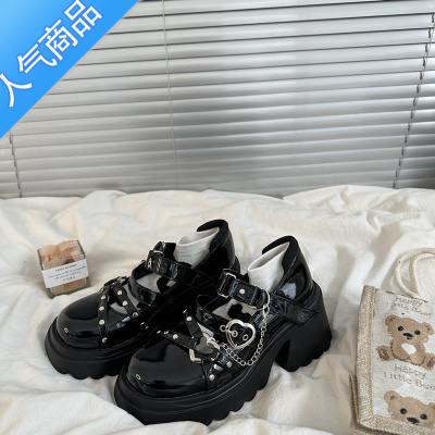 SUNTEK粗高跟厚底增高玛丽珍鞋女复古百搭英伦风小众设计时尚链条小皮鞋