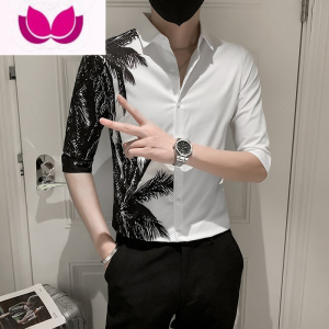 七斓夏季男士短袖衬衫修身中袖七分袖潮牌时尚个性潮流休闲帅气衬衣