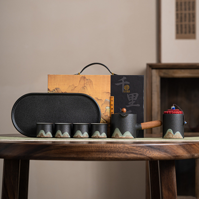 苏氏陶瓷(SUSHI CERAMICS)手绘釉画彩千里江山侧把茶壶干泡茶盘功夫茶具套装礼盒