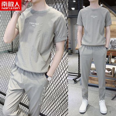 冰爽透气冰丝短袖T恤男韩版潮流休闲运动套装一套衣服