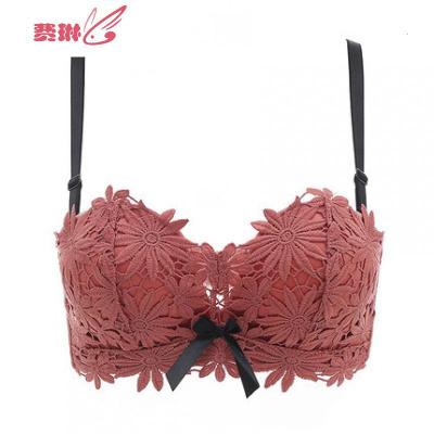 日系立体无钢圈水溶花瓣刺绣学生内衣女中厚小胸聚拢上托文胸套装费琳