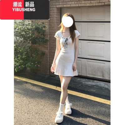 YIBUSHENG法式系带小飞袖方领冰丝针织短袖连衣裙女修身包臀甜美裙子短裙