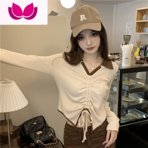七斓大码不规则抽绳v领t恤女胖mm修身显瘦春季长袖短款上衣设计感小众