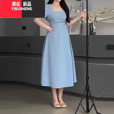 YIBUSHENG大码法式方领气质连衣裙季胖mm显瘦修身御姐温柔风收腰简约长裙