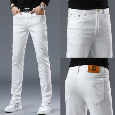 秋季新款高端白色牛仔裤男士潮牌修身小脚弹力休闲长裤子男款_948