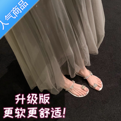 SUNTEK鸽子蛋水钻坡跟套趾平底夹趾凉鞋女2023夏新款外穿拖鞋罗马凉拖