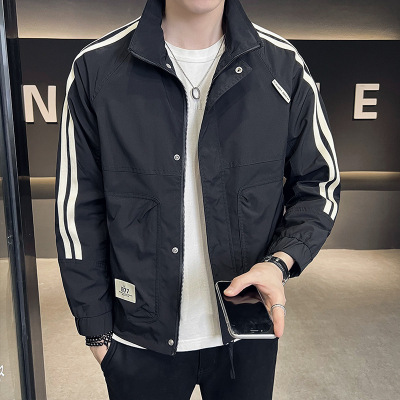 春秋款男士外套潮流百搭男装新款工装拼色上衣服飞行员夹克男_2