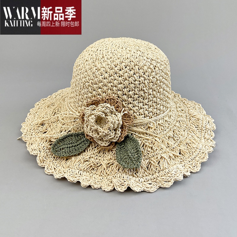 shanchao沙滩帽手工编织夏凉帽草帽女遮阳花朵可折叠太阳帽