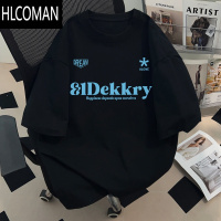 HLCOMAN美式高街T恤短袖男女款夏季ins潮牌宽松字母印花黑色半袖上衣