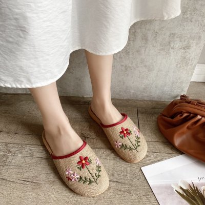 Ideamini民族风亚麻包头拖鞋女2021春夏季新款刺绣防滑底室内居家奶奶凉拖