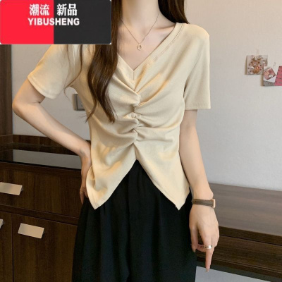 YIBUSHENG大码短袖T恤女季修身不规则别致短款设计感显瘦上衣潮