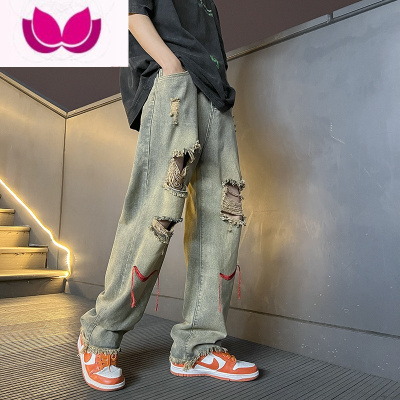 七斓水洗复古牛仔裤男春季高街破洞乞丐直筒裤潮牌痞帅设计感阔腿裤子