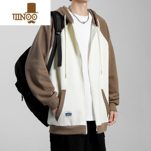 YANXU2023新款夹克男美式复古连帽时尚卫衣宽松休闲双色拼接外套