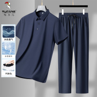 啄木鸟爸爸套装夏季薄款短袖弹力中年男装冰丝衣服休闲运动两件套