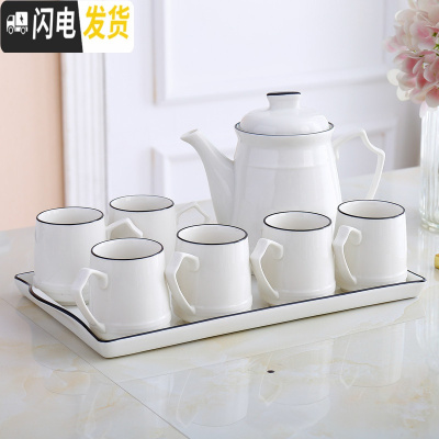 三维工匠水杯家用套装陶瓷杯具杯子茶壶水具欧式耐热茶杯客厅冷凉水壶茶具 简约北欧一壶六杯一陶瓷盘