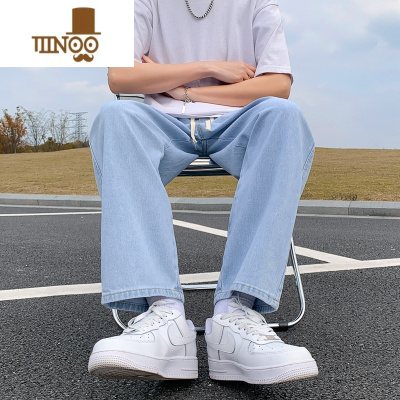 YANXU浅蓝色牛仔裤男款春季潮牌ins高街休闲长裤子宽松直筒阔腿裤