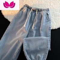 七斓松紧腰牛仔裤男韩版日系宽松直筒束脚哈伦大码九分休闲裤子