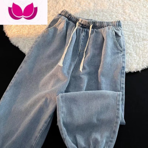 七斓松紧腰牛仔裤男韩版日系宽松直筒束脚哈伦大码九分休闲裤子