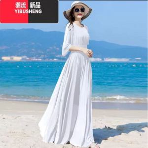 YIBUSHENG红色雪纺连衣裙长款到脚踝2023新款显瘦大摆气质波西米亚沙滩裙