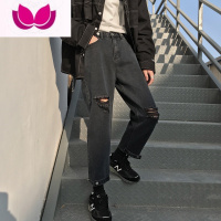 七斓夏季破洞牛仔裤男宽松直筒潮牌韩版潮流休闲裤hiphop高街黑色裤子