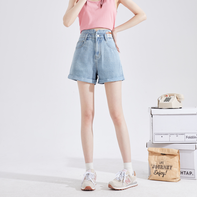 [1.5折价63元]唐狮春夏季新款女牛仔短裤高腰卷边薄款宽松显瘦辣妹潮酷中裤