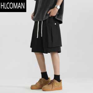 HLCOMAN美式高街工装黑色短裤男款夏季2025新款潮牌宽松运动休闲五分裤子