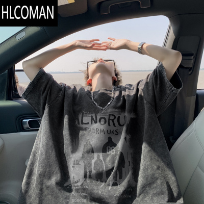 HLCOMAN夏季美式水洗短袖T恤男宽松做旧半袖凉感体恤情侣打底衫潮牌