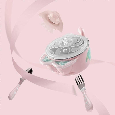 babycare辅食碗儿童不锈钢餐具宝宝保温碗套装婴儿吸盘碗勺子辅食碗3件套藕粉