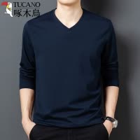 啄木鸟春秋季新款桑蚕丝男士长袖T恤V领体恤打底衫纯色上衣服男装