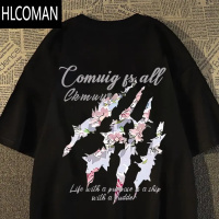 HLCOMAN美式爪痕樱花字母印花潮牌高街夏季短袖T恤男女宽松上衣