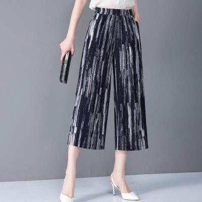 冰丝休闲百搭阔腿裤中年女夏装条纹裤子中老年洋气直筒薄款七分裤