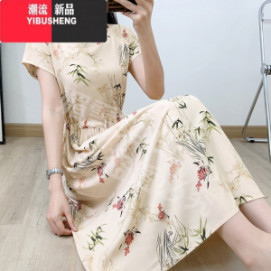YIBUSHENG棉绸连衣裙女2024季新款国风人造棉收腰遮肚碎花大摆高腰长裙子