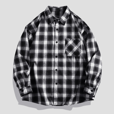 春秋新款黑白格子衬衫男士宽松休闲衬衣韩版潮流百搭长袖上衣外套