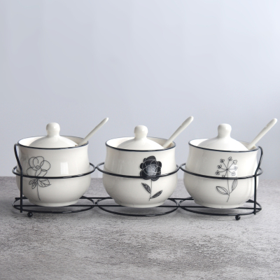 陶瓷调味罐套装厨房用品佐料瓶家用盐味精组合装调味瓶带盖勺铁架 敬平 黑玫瑰调味罐三件套铁架
