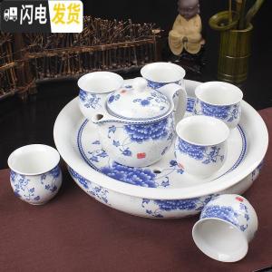 三维工匠 精品景德镇茶具套装整套陶瓷茶壶茶杯 青花瓷 双层带茶盘 B双层[茶具+茶盘]国色天香 8件