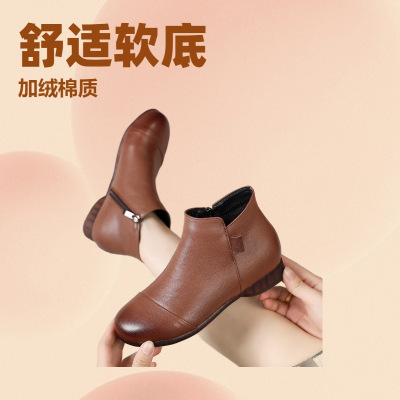 头层牛皮圆头复古棉鞋24冬季新款加绒保暖短靴女软底舒适大码皮靴